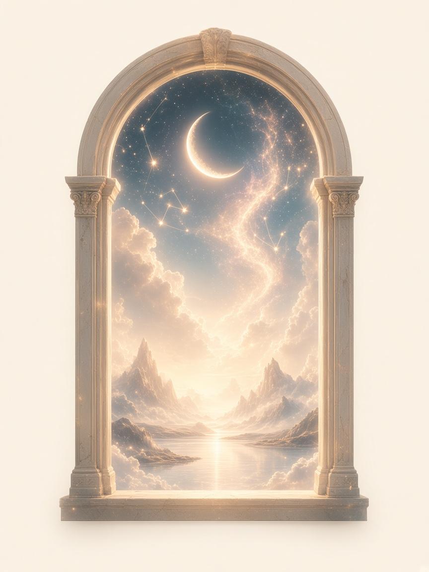 A glowing stone archway under a crescent moon